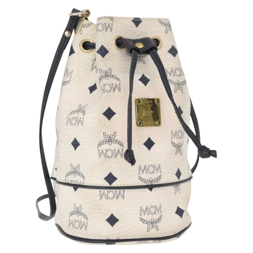 Authentic MCM Vicetos Logogram Shoulder Bag PVC Leather White Gold